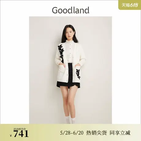 Goodland美地春季法式优雅撞色黑白提花绵羊毛针织开衫图片