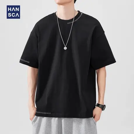 hansca 230g纯棉针织短袖t恤男2025夏季新款简约刺绣休闲打底上衣商品大图