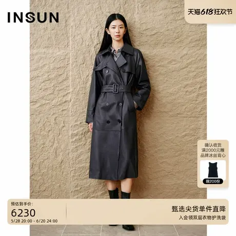 INSUN恩裳秋季气质双排扣长款绵羊皮风衣图片
