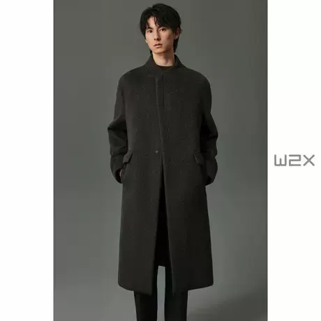 w2x冬季立领设计磁铁扣暗门襟加棉加厚羊毛呢大衣男中长款外套潮图片
