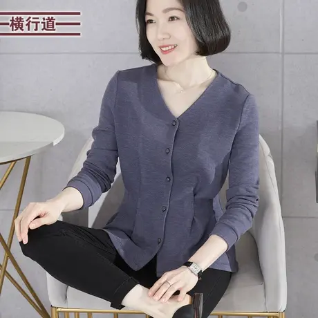2023新款冬装简约V领收腰长袖开衫纯色宽松女装T恤大码妈妈中年商品大图