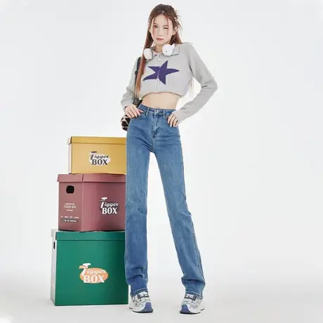 复古蓝窄版直筒牛仔裤女春秋2023年新款高腰显瘦修身垂感拖地裤子图片