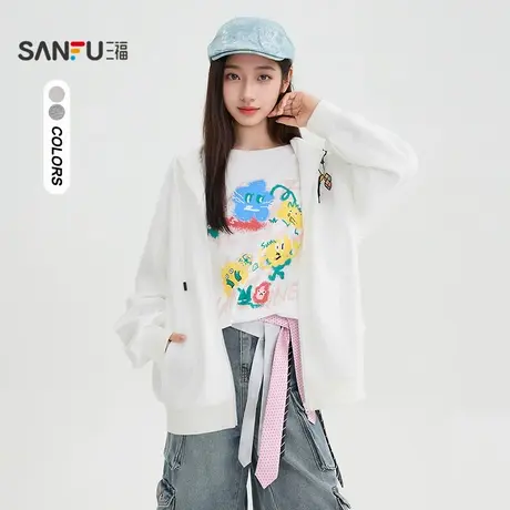 三福卫衣2025秋季个性印花小狗魔术贴开衫上衣女装504906图片
