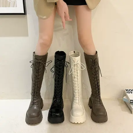 厚底靴子女长筒靴小个子2023新款秋季复古高跟显瘦系带高筒骑士靴图片