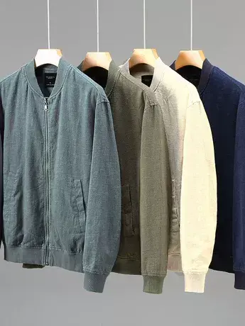 男士棒球服外套棉麻夹克男日系立领宽松休闲长袖春秋上衣2023新款商品大图