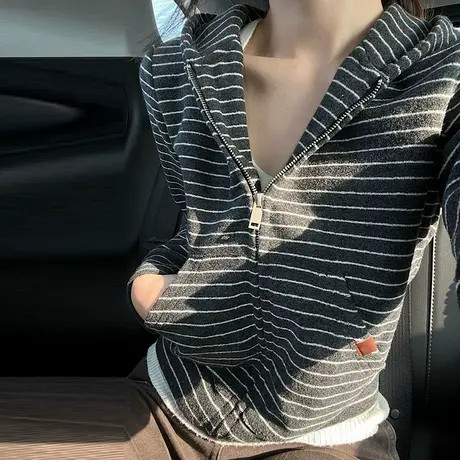 美式慵懒风条纹连帽开衫卫衣外套女春秋季韩版宽松休闲长袖上衣潮图片