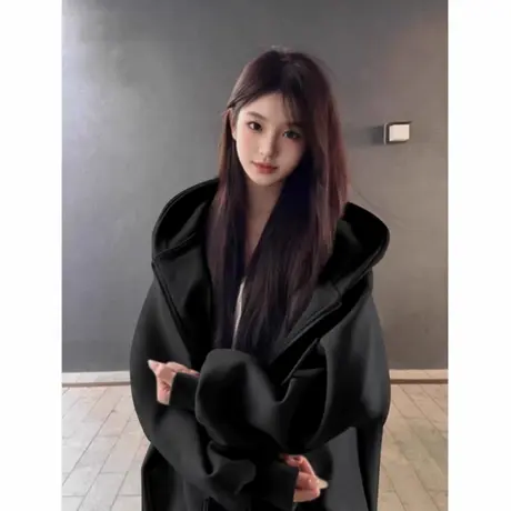 美式复古黑色连帽卫衣女早秋季2025新款爆款小个子宽松上衣外套潮商品大图