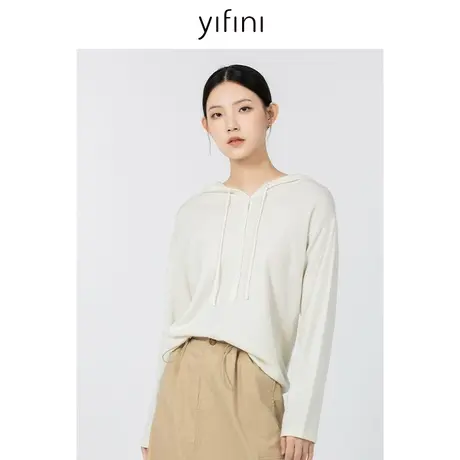 Yifini/易菲宽松连帽美丽诺羊毛针织卫衣女2023秋季新款百搭上衣图片