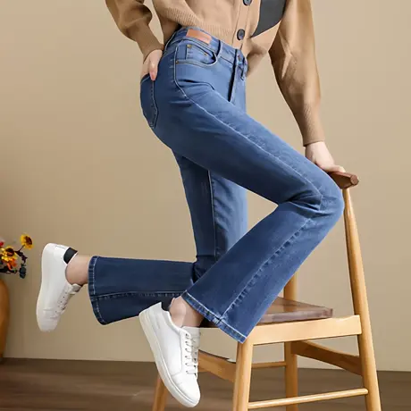 高腰牛仔裤女弹力显瘦气质微叭裤女秋季时尚百搭简约牛仔长裤女AX商品大图
