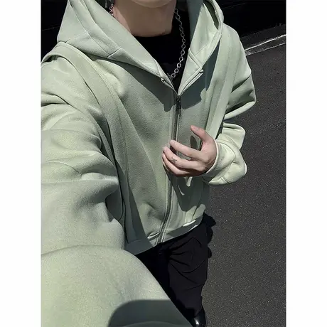 开衫卫衣男春秋季2025新款宽松纯色连帽上衣大码美式休闲百搭外套商品大图
