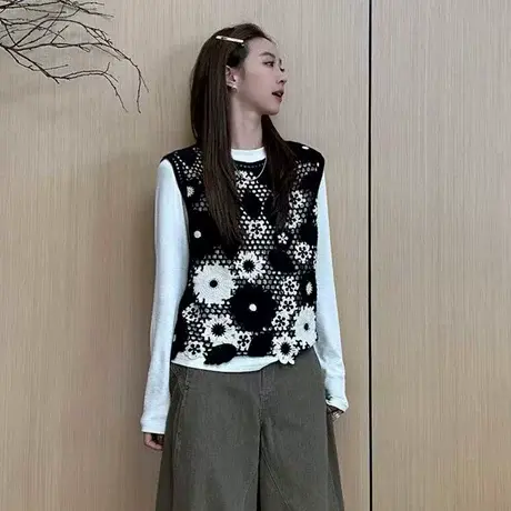 花朵镂空重工叠穿针织马甲女2025秋季新款韩版宽松无袖钩花上衣商品大图