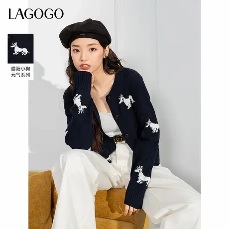 【抗起球】LAGOGO撞色毛针织衫女拉谷谷春秋新款腊肠狗开衫外套商品大图