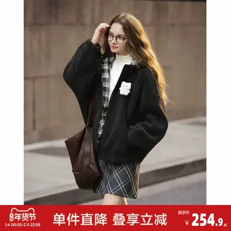 唐狮2026秋冬季连帽加厚外套女短款仿羔毛外套棕色拼接格纹超好看图片