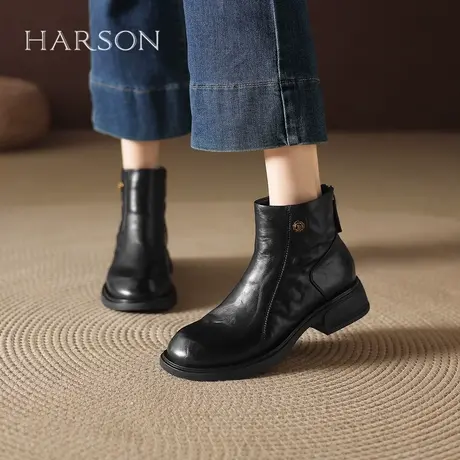 哈森复古短靴女2025秋冬季新款加绒瘦瘦靴增高女士短筒皮靴马丁靴图片