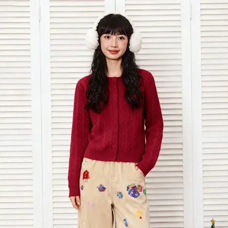 唐狮针织衫外套女生2026新款春秋马年修身麻花红色毛衣开衫上衣VB图片