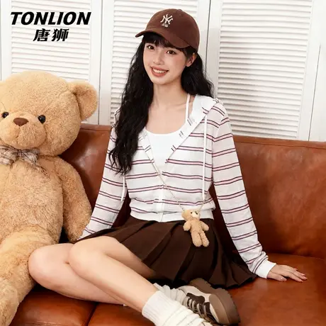 唐狮官方连帽条纹外套女2026新款春夏小外搭罩衫开衫轻薄短上衣VC图片