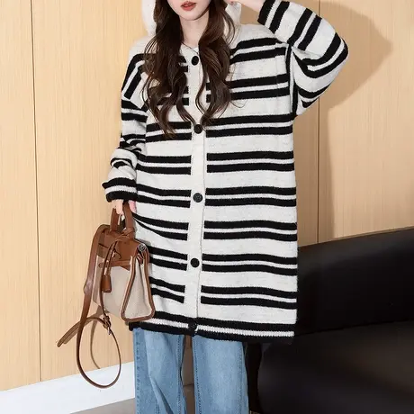 唐狮秋冬新款女毛衣条纹连帽中长款开衫外套女慵懒风超好看tu商品大图
