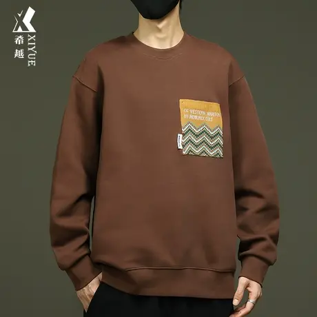 深咖色重磅卫衣男款宽松大码设计感口袋针织套头打底衫长袖2023秋图片