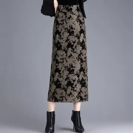 复古植绒包臀裙女秋冬2023新款高腰修身一步裙半身裙直筒中长裙子商品大图