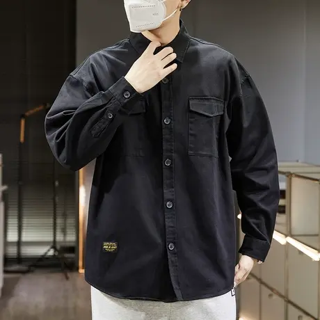 唐狮春秋男士长袖衬衫日系宽松休闲黑色复古衬衣衬衫外套潮流商品大图