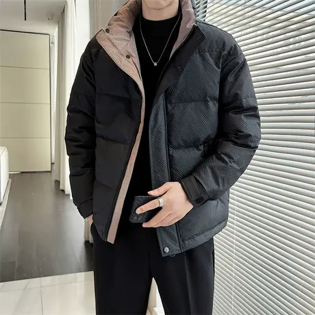 轻熟风冬季羽绒服男ins小众拼色高级感立领防寒个性潮牌加厚外套图片