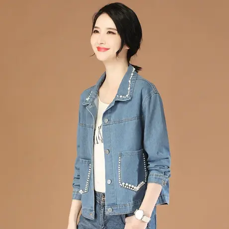 【春新品9折】 小香风钉珠宽松牛仔外套女2023春装新款短款棒球服图片