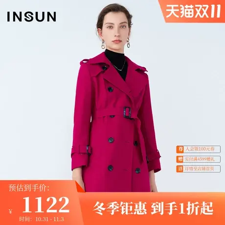恩裳春季通勤OL双排扣收腰带玫红色中长款风衣外套女图片