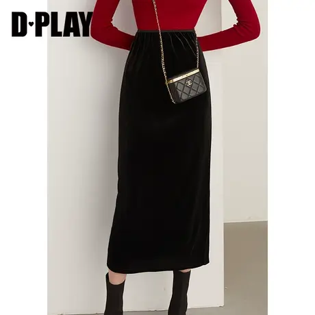 DPLAY2023年冬新慵懒风亮银丝橡筋腰设计黑色侧开衩丝绒半身裙图片