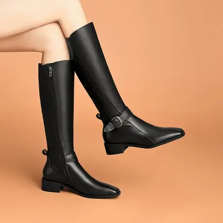 2023冬季新款真皮黑色高筒靴女方头粗跟中跟牛皮舒适长筒靴女靴子图片