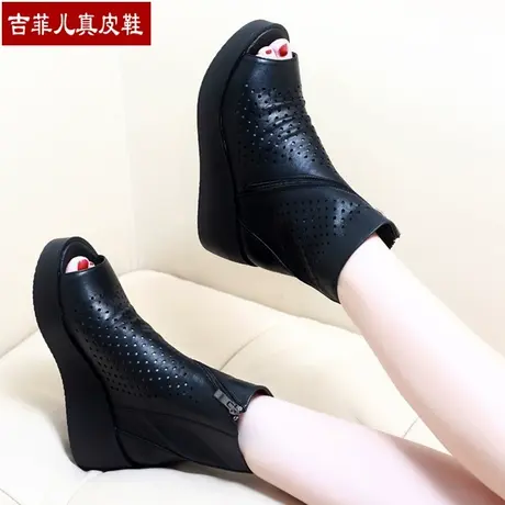 短靴鱼嘴凉靴女真皮2023年新款坡跟凉鞋秋季露趾镂空靴子头层牛皮商品大图