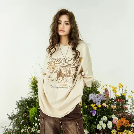 YEP美式复古短袖t恤女夏装2023新款潮牌宽松oversize情侣半袖上衣商品大图