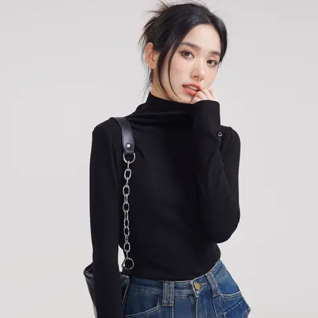 尔给长袖修身高领黑色打底衫女2023新款春秋可外穿气质短款上衣图片