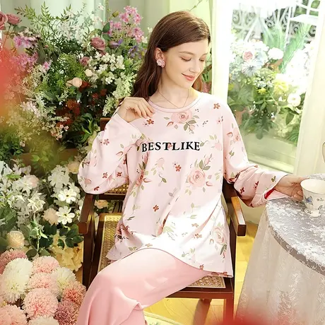 润微睡衣女春秋纯棉长袖长裤印花可爱舒适宽松可外穿家居服套装商品大图