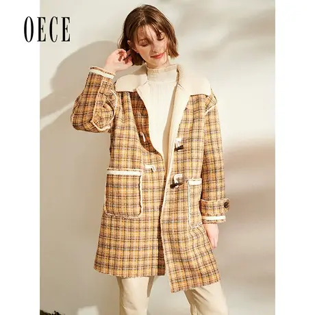 Oece秋冬新款女装 大气学院牛角扣复古格纹毛绒御寒长款外套商品大图