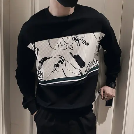 卫衣男秋季重磅印花拼接高级感休闲内搭上衣潮牌青少年长袖体恤衫商品大图