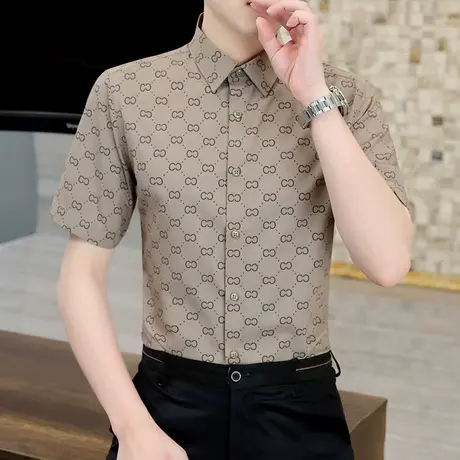 高级感印花短袖衬衫男士夏季薄款寸衫潮流帅气百搭休闲衬衣服夏装商品大图