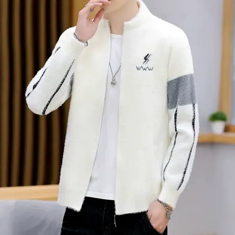 水貂绒加厚夹克男士冬季保暖潮流线衣秋装针织开衫毛衣外套棒球服商品大图