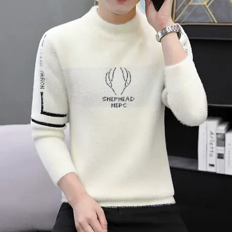 仿水貂绒毛衣男秋冬季加厚保暖线衣潮流2023冬装新款半高领针织衫商品大图