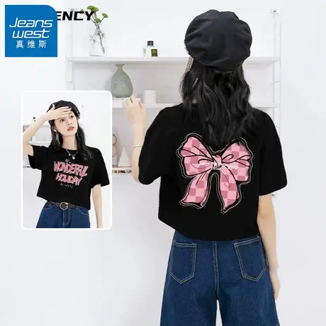 VR真维斯黑色t恤女短袖2023新款夏季蝴蝶结体恤甜辣短款上衣女生商品大图