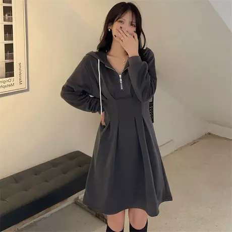 春季大码女装港风灰色卫衣裙胖mm收腰遮肉显瘦设计感连衣裙200斤图片