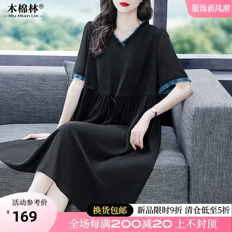 中老年大码洋气宽松连衣裙200斤减龄气质显瘦遮肉雪纺收腰中长裙商品大图