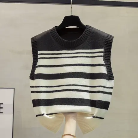 短款圆领针织马甲背心女2023秋装新款外穿马夹条纹叠穿毛衣坎肩潮商品大图