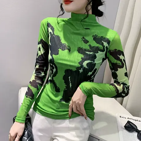 半高领网纱打底衫女春秋2024新款扎染印花T恤长袖漂亮加绒上衣ins图片