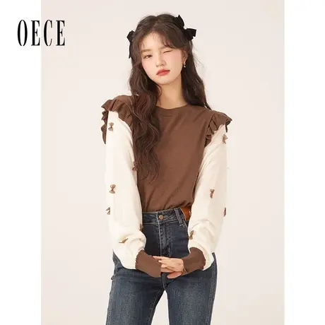 Oece复古设计感上衣秋冬季新款女装撞色针织衫商品大图