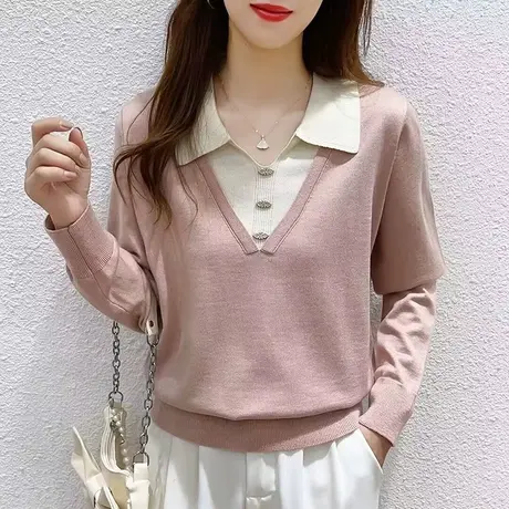 春秋季2024新款拼接假两件针织衫毛衣打底衫内搭设计感气质上衣商品大图