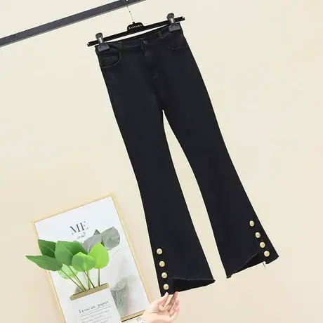 黑色开叉牛仔裤女修身微喇高腰春秋季2023年新款小个子裤子潮ins商品大图