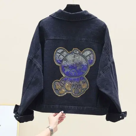 牛仔外套女宽松bf韩版潮ins2023年春季新款小熊烫钻黑色百搭上衣商品大图