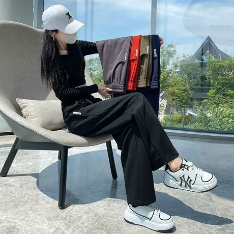 黑色阔腿裤女运动裤春秋2023新款高腰垂感宽松直筒显瘦休闲卫裤子商品大图