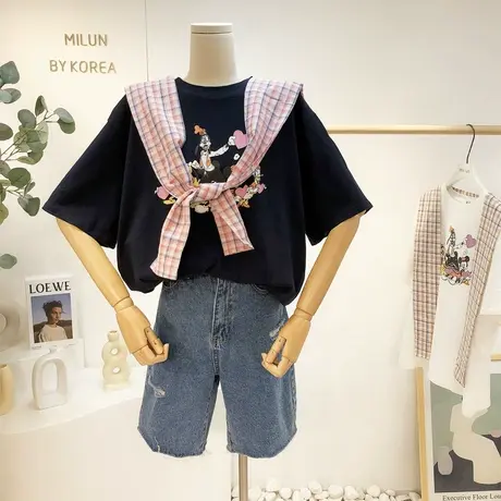 2021早秋新款两件套T恤ins港味休闲短袖格子披肩两件套装学生上衣图片