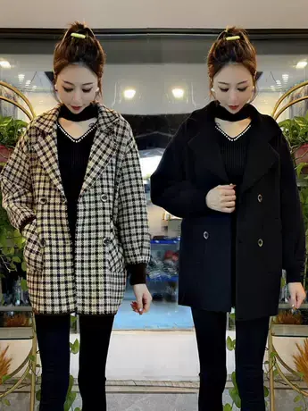 西装领千鸟格拼接呢子外套女秋冬季加厚中长款宽松显瘦百搭上衣潮图片